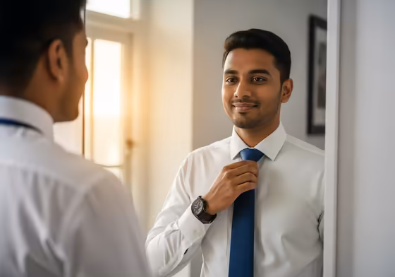 A young Sri Lankan professional looking confidently into a mirror while adjusting their tie, ready for the day.