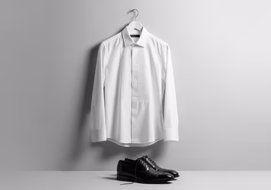 A crisp, ironed white shirt hanging next to a pair of polished black leather dress shoes.