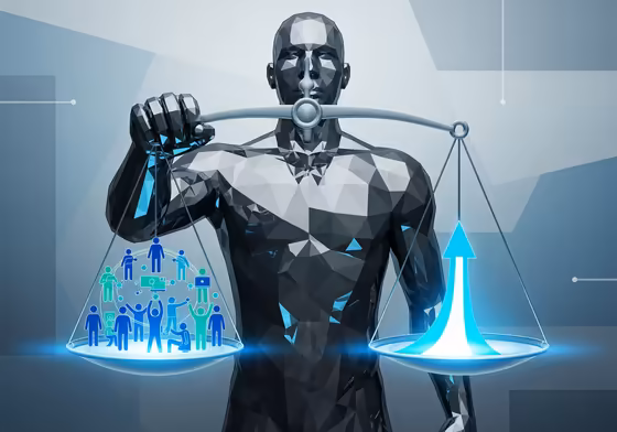 An abstract illustration of a balanced scale, with one side representing benevolent leadership and the other representing decisive direction.