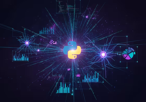 An abstract digital art piece showing the Python logo intertwined with neural network diagrams and data visualizations, symbolizing its role in AI.