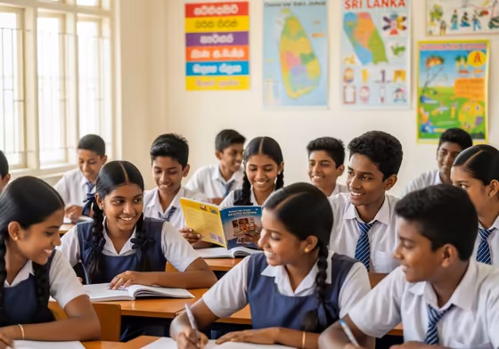 A group of Sri Lankan students in school uniforms studying together in a bright classroom.