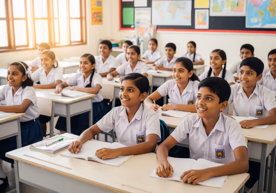 A classroom of younger Sri Lankan students (grades 6-9) attentively listening to a teacher.