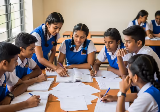 A group of diverse Sri Lankan students studying together in a bright, modern classroom.